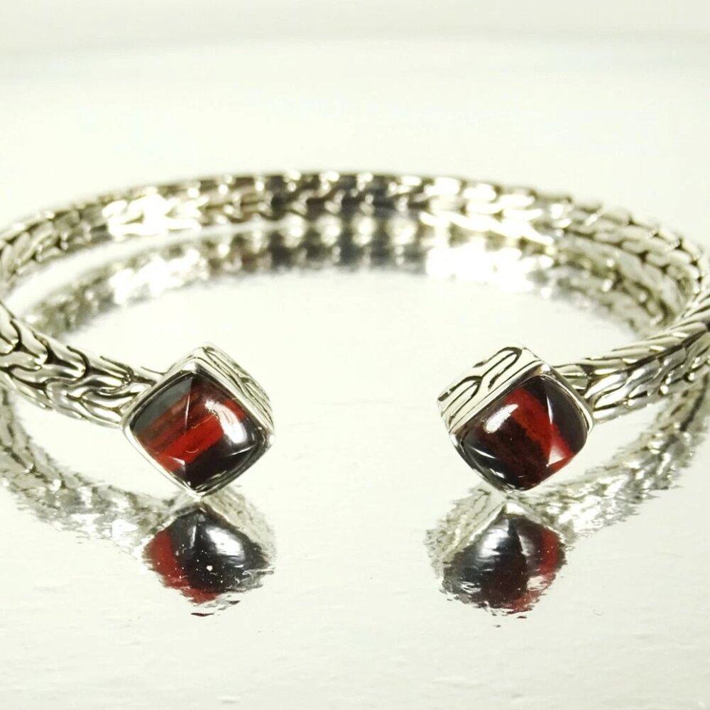 JOHN HARDY Sterling Silver Classic Chain Iron Tiger's Eye Flex Cuff Bracelet S-M